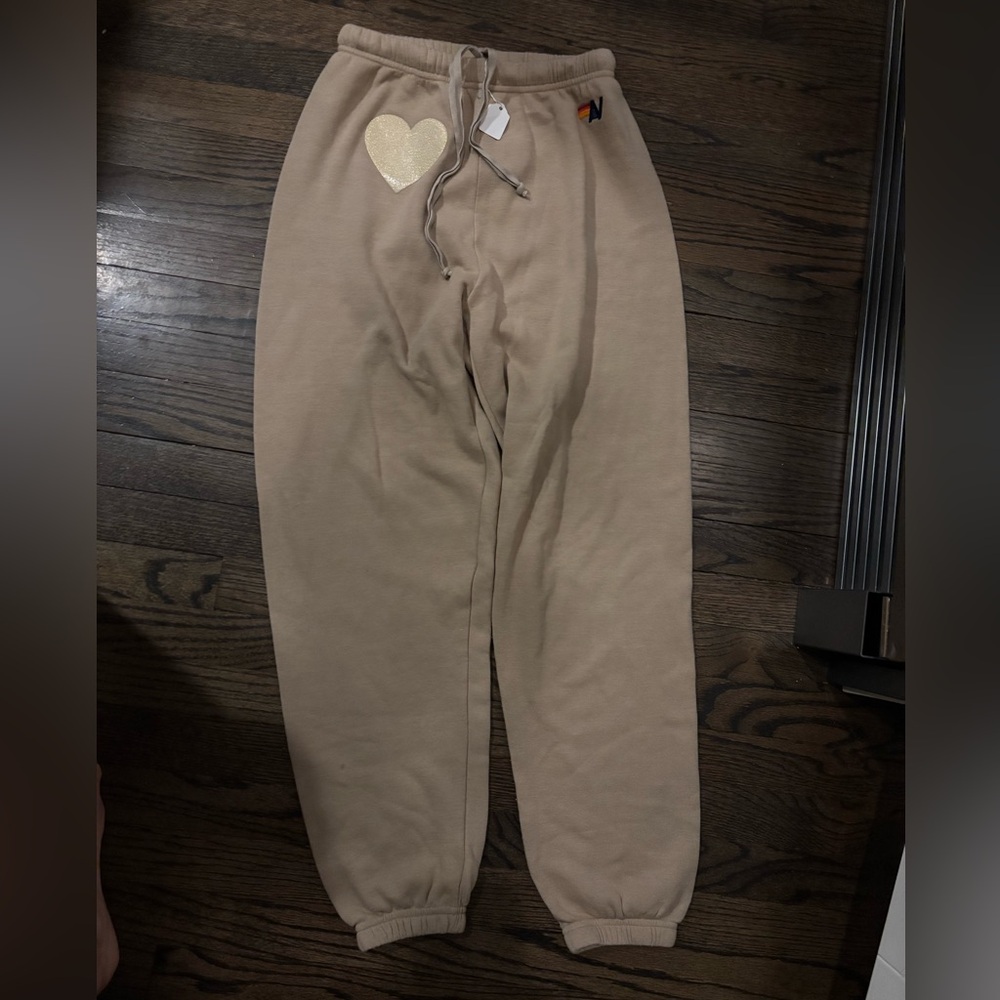 NWT Aviator Nation Glitter Heart Beige Sweatpants Joggers